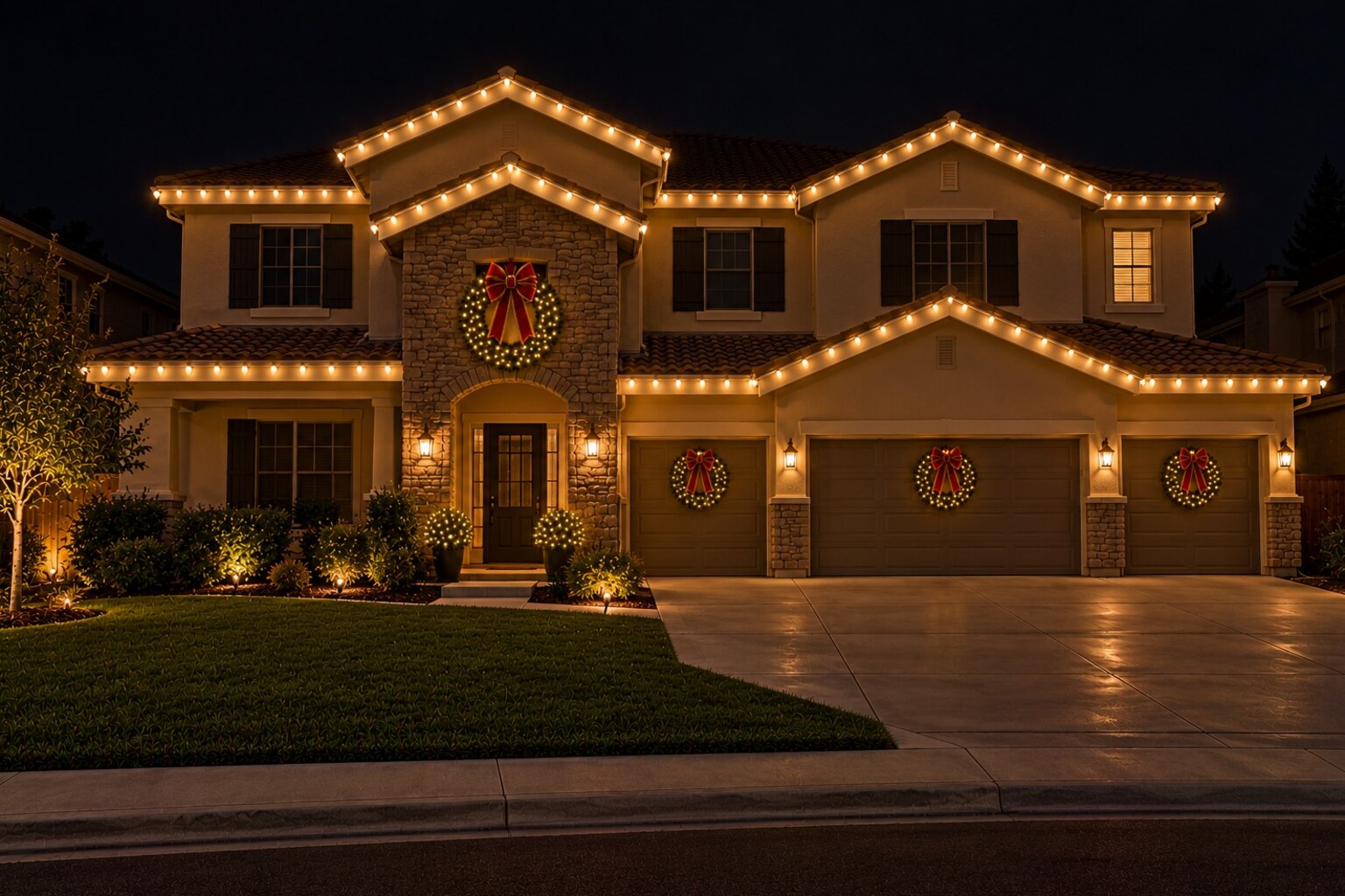 Christmas decorating service in El Dorado Hills, CA: two story stone entry wreath garage door wreaths warm white
