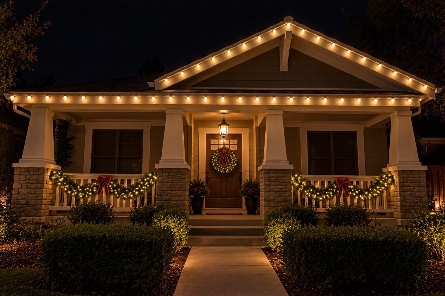 Christmas light and wreath installation in El Dorado Hills, CA: craftsman bungalow porch garland door wreath warm white