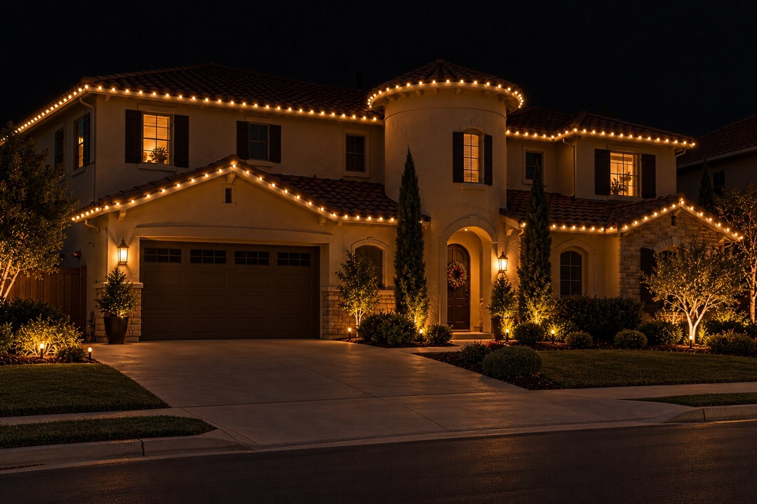 Christmas light company in El Dorado Hills, CA: mediterranean tower warm white