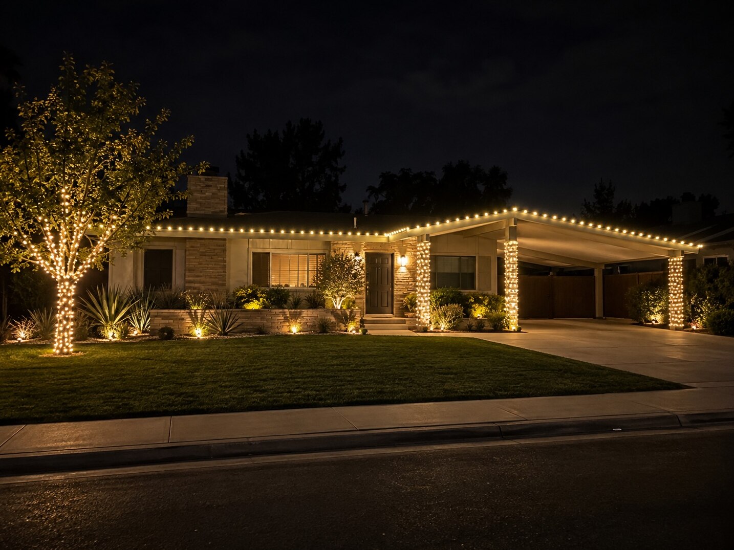 Christmas light company in El Dorado Hills, CA: midcentury ranch carport warm white roofline