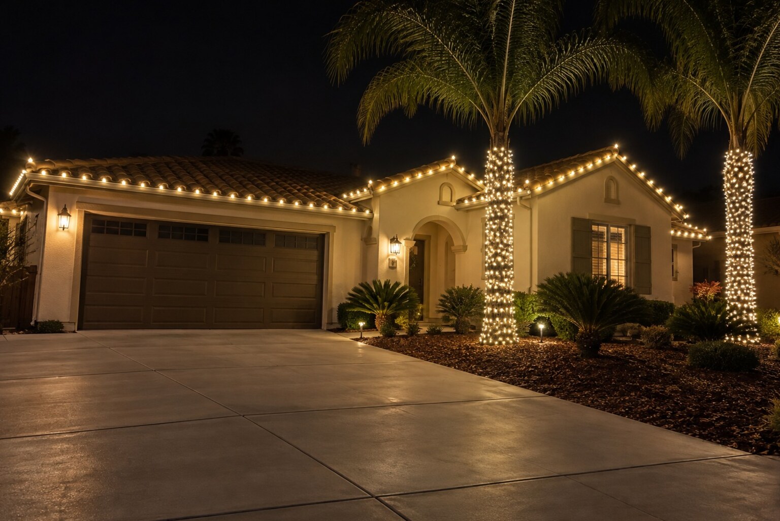 Christmas light company in El Dorado Hills, CA: spanish cream warm white palms