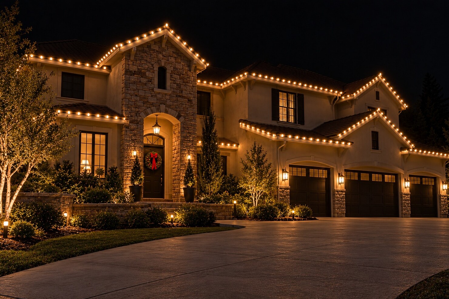 Christmas light company in El Dorado Hills, CA: stone tower entry warm white wreath