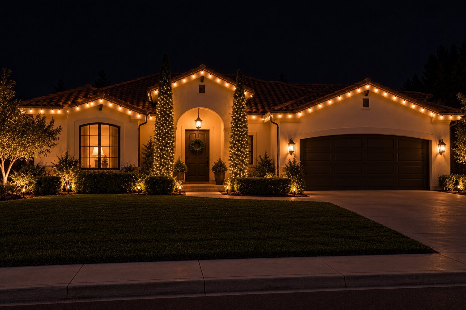 Christmas light company in El Dorado Hills, CA: tract home warm white roofline