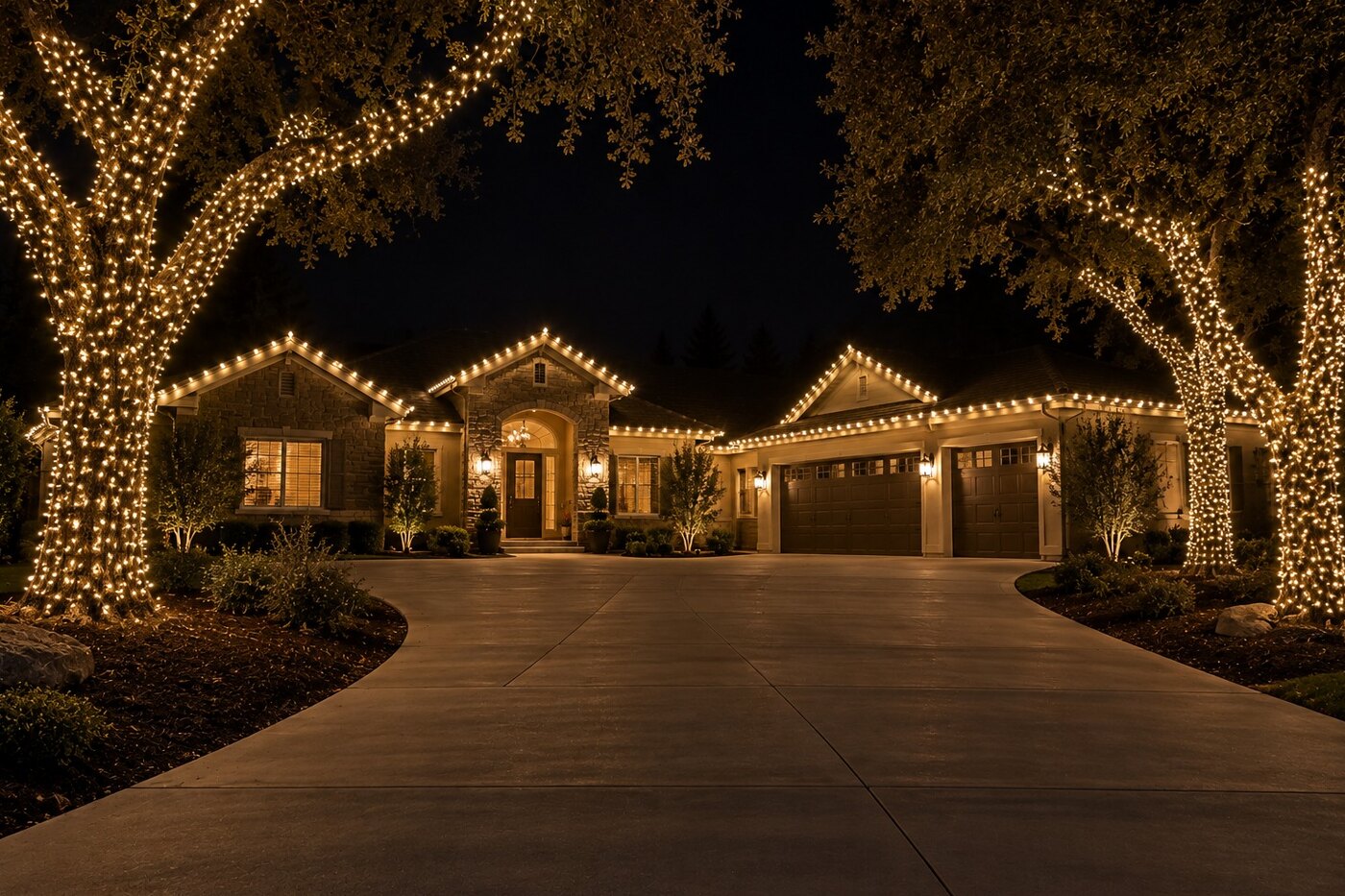 Christmas light hanging in El Dorado Hills, CA: custom three car warm white oaks driveway
