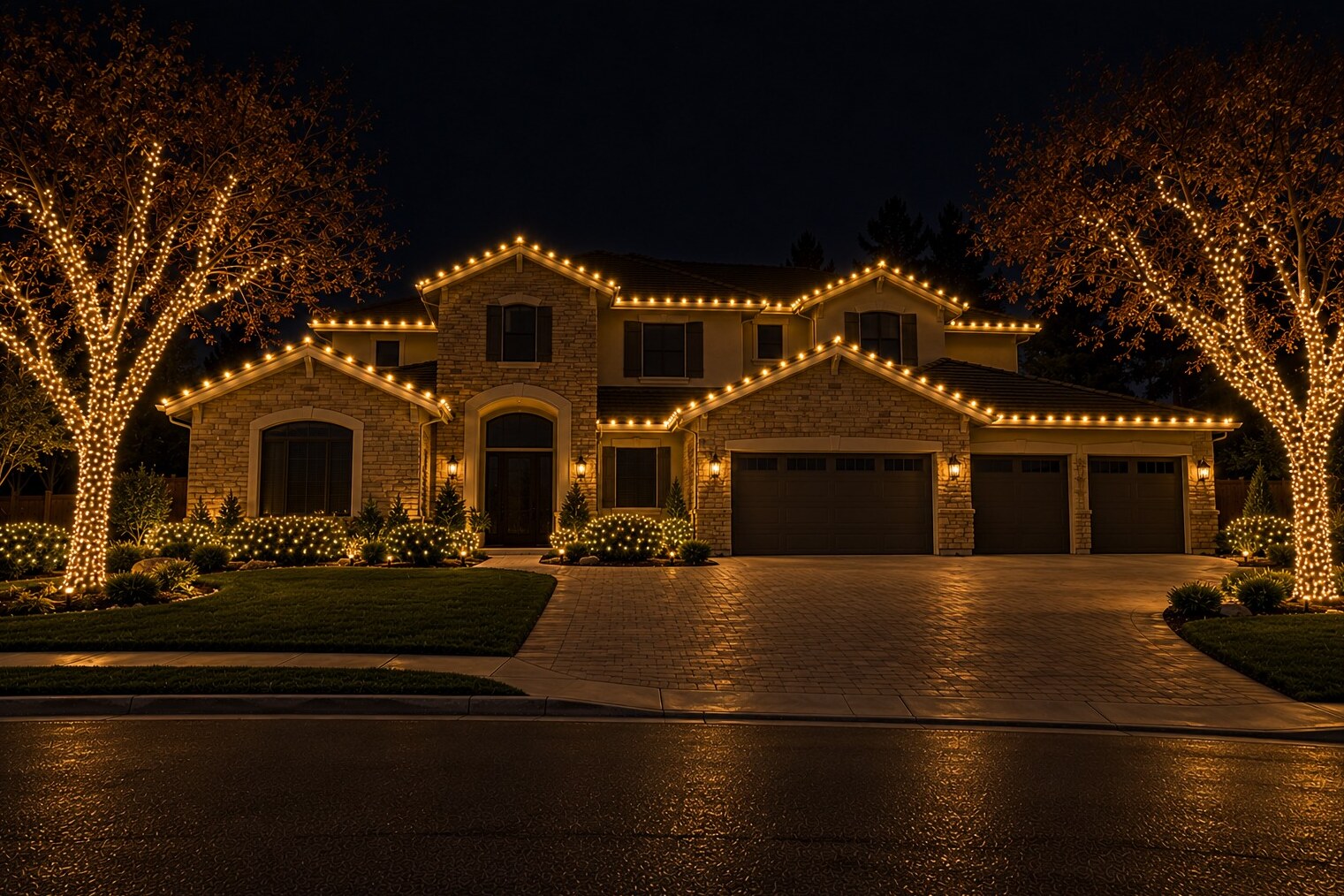 Christmas light hanging in El Dorado Hills, CA: grand stone stucco estate wrapped oaks c9 warm white
