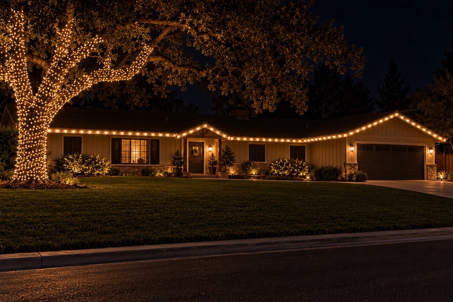 Christmas light hanging in El Dorado Hills, CA: ranch long warm white oak wrap