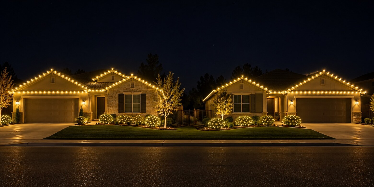 Christmas light hanging in El Dorado Hills, CA: two neighbor homes street c9 warm white