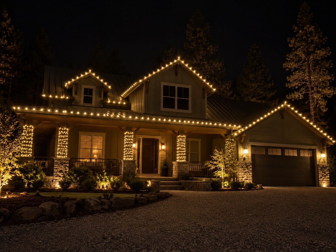 Christmas light installation in El Dorado Hills, CA: foothill craftsman metal roof porch warm white