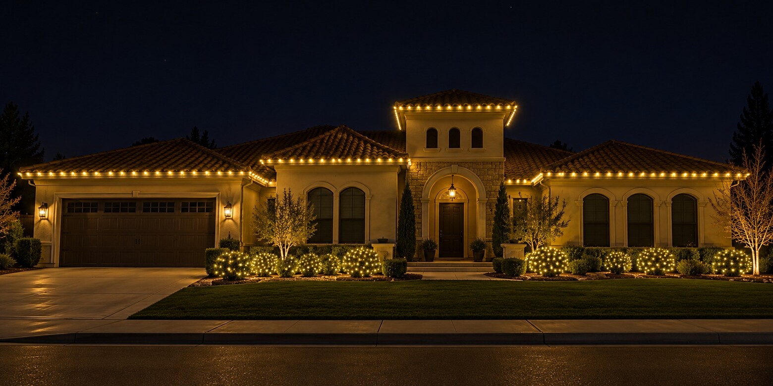 Christmas light installation in El Dorado Hills, CA: mediterranean tower eave c9 warm white