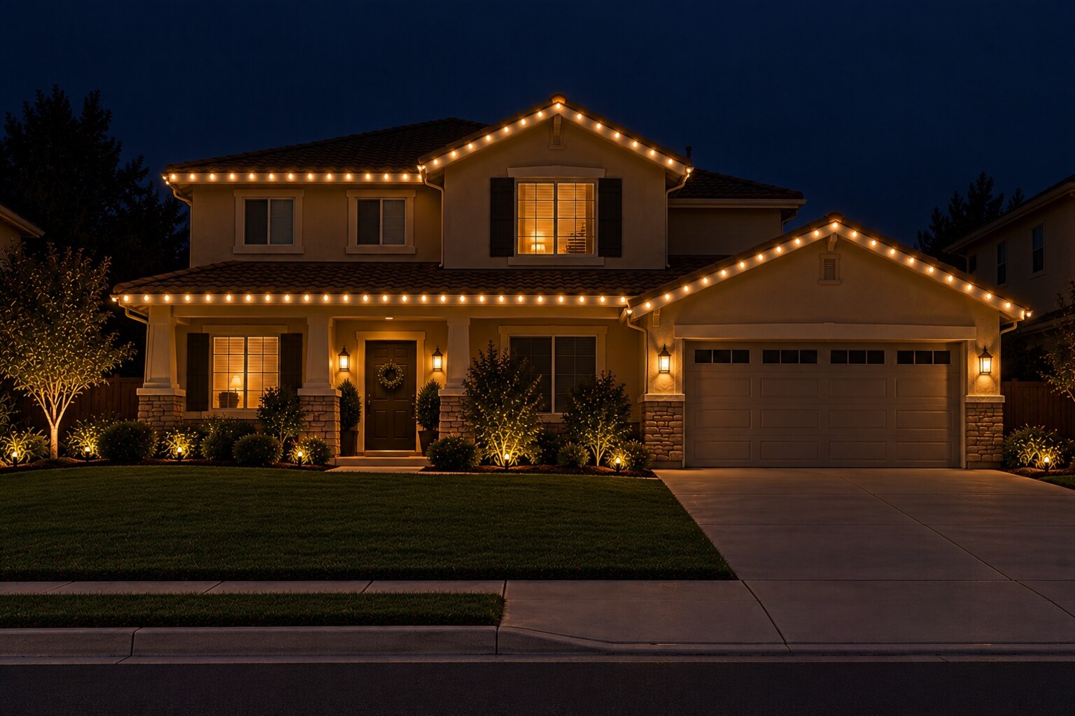 Christmas light installation in El Dorado Hills, CA: tract two story warm white front