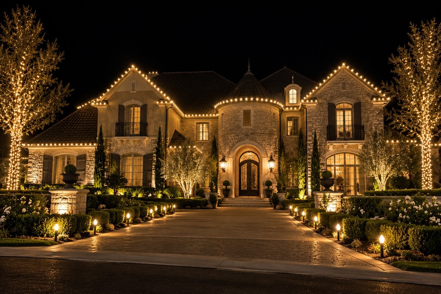 Christmas light installers in El Dorado Hills, CA: grand french country estate stone turret warm white