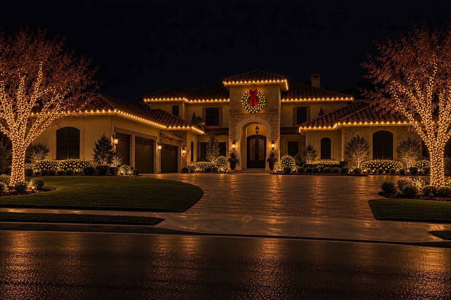 Christmas light installers in El Dorado Hills, CA: grand tuscan tower wreath estate c9 warm white