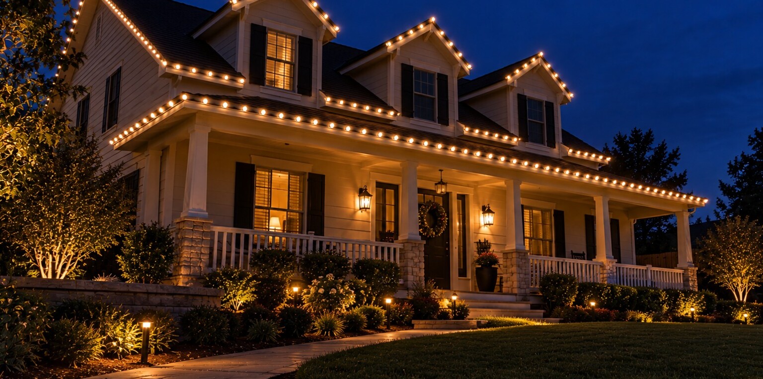 Christmas light installers in El Dorado Hills, CA: porch house warm white dormers dusk