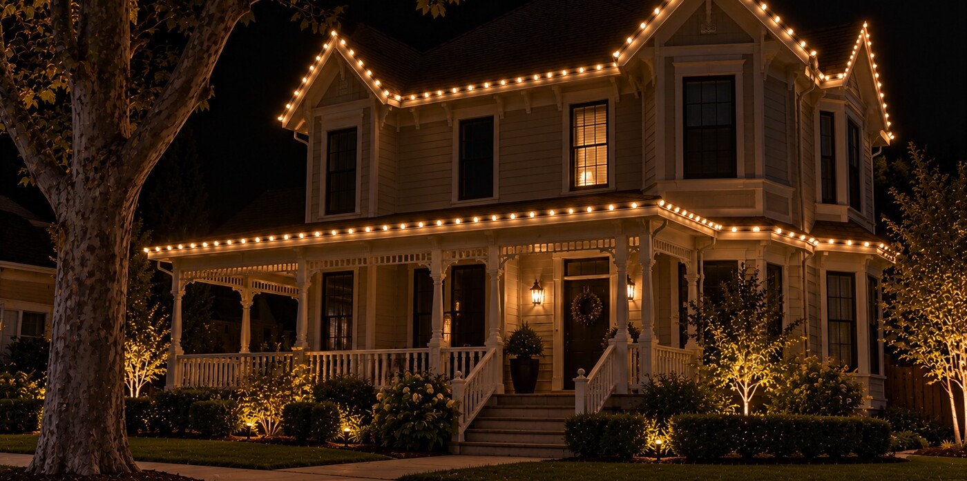 Christmas light installers in El Dorado Hills, CA: victorian downtown warm white