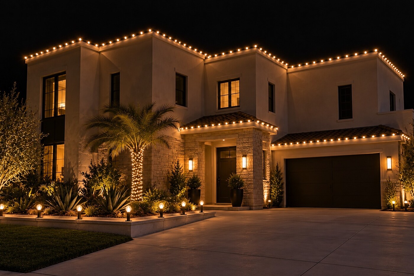 Christmas light service in El Dorado Hills, CA: modern parapet warm white agave