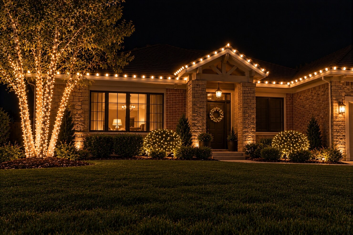 Christmas light service in El Dorado Hills, CA: single brick warm white birches