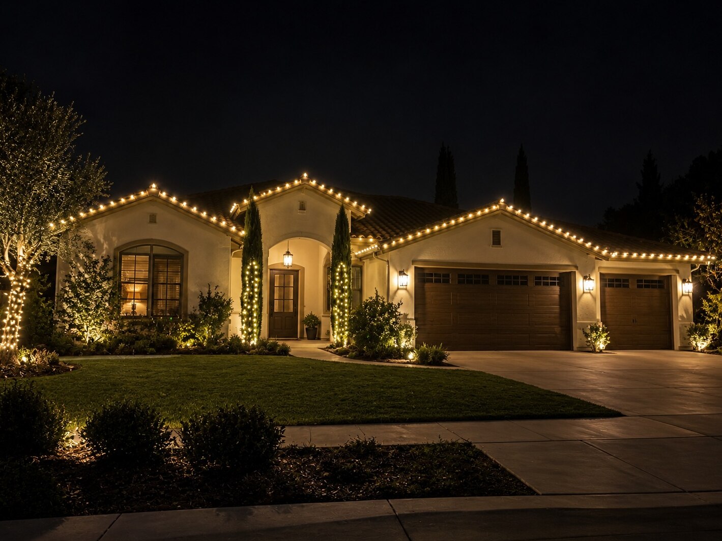 Christmas light service in El Dorado Hills, CA: spanish ranch tile roof arched entry warm white roofline