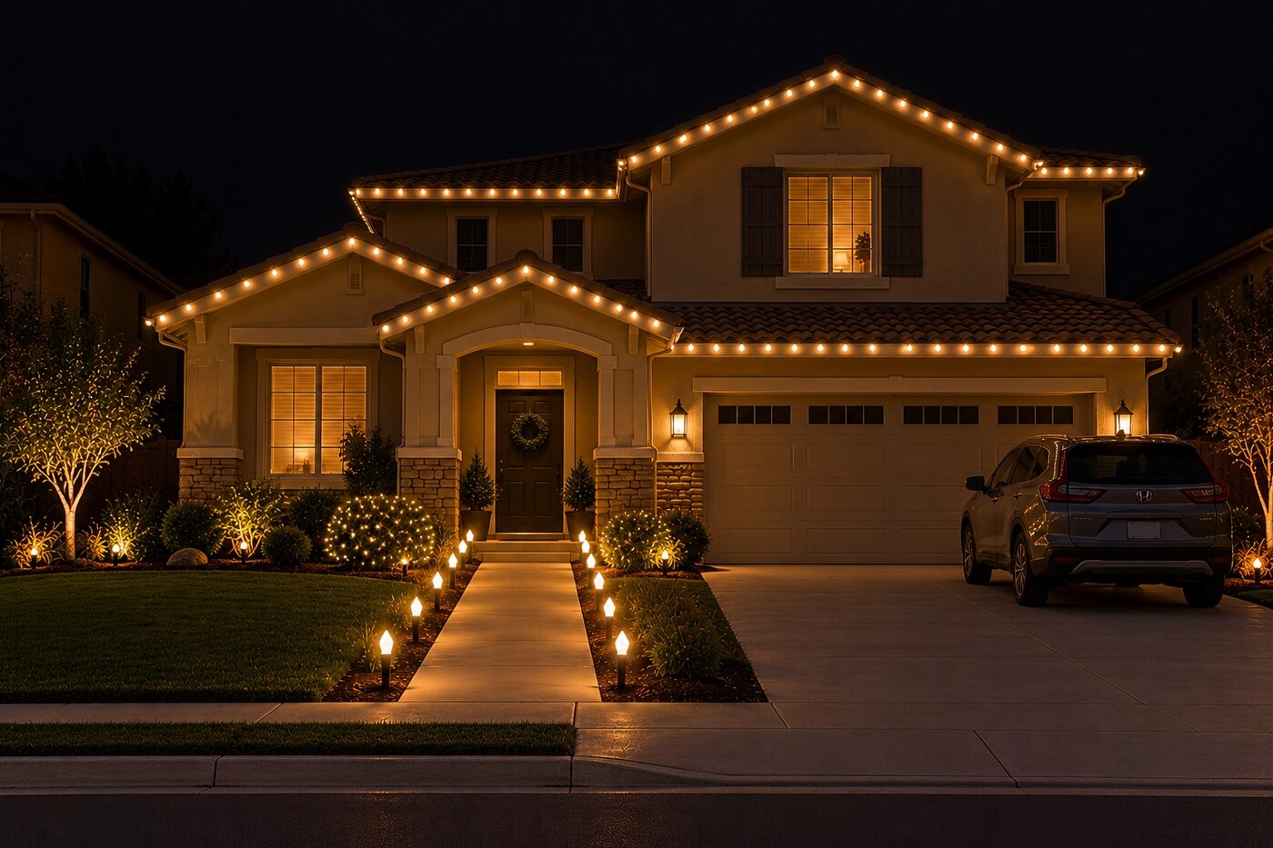 Christmas light service in El Dorado Hills, CA: tract two story warm white stakes
