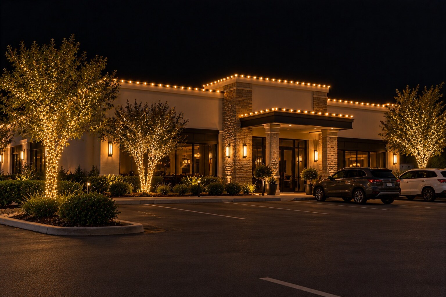 Christmas lights in El Dorado Hills, CA: commercial restaurant warm white