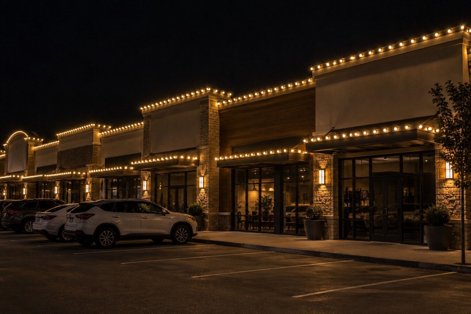 Christmas lights in El Dorado Hills, CA: commercial storefronts warm white