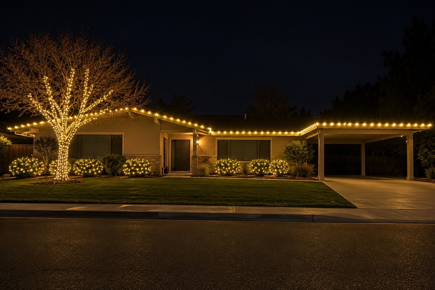 Christmas lights in El Dorado Hills, CA: midcentury carport fascia c9 warm white