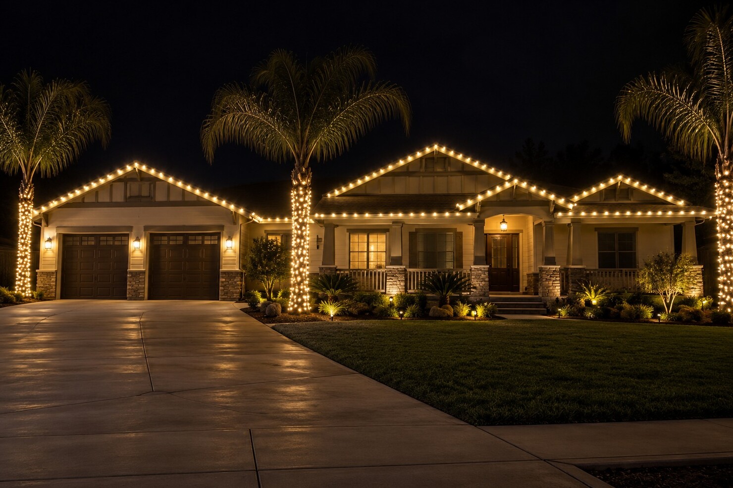 Christmas lights in El Dorado Hills, CA: ranch three gables porch palm wraps warm white