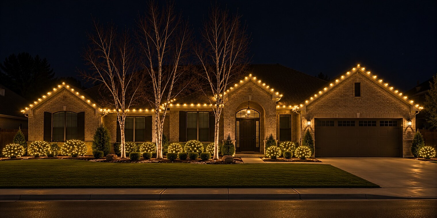 Holiday light installation in El Dorado Hills, CA: brick ranch birches c9 warm white