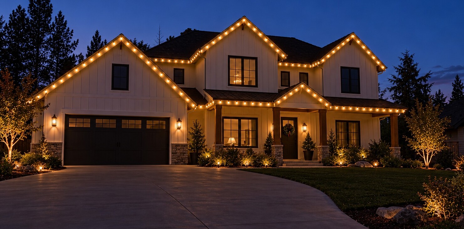 Holiday light installation in El Dorado Hills, CA: farmhouse two story warm white bluehour