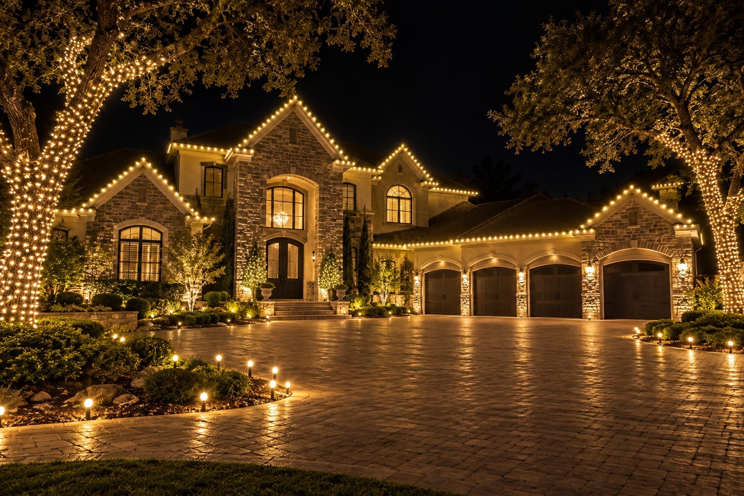 Holiday light installation in El Dorado Hills, CA: grand stone estate four car garage wrapped oaks warm white