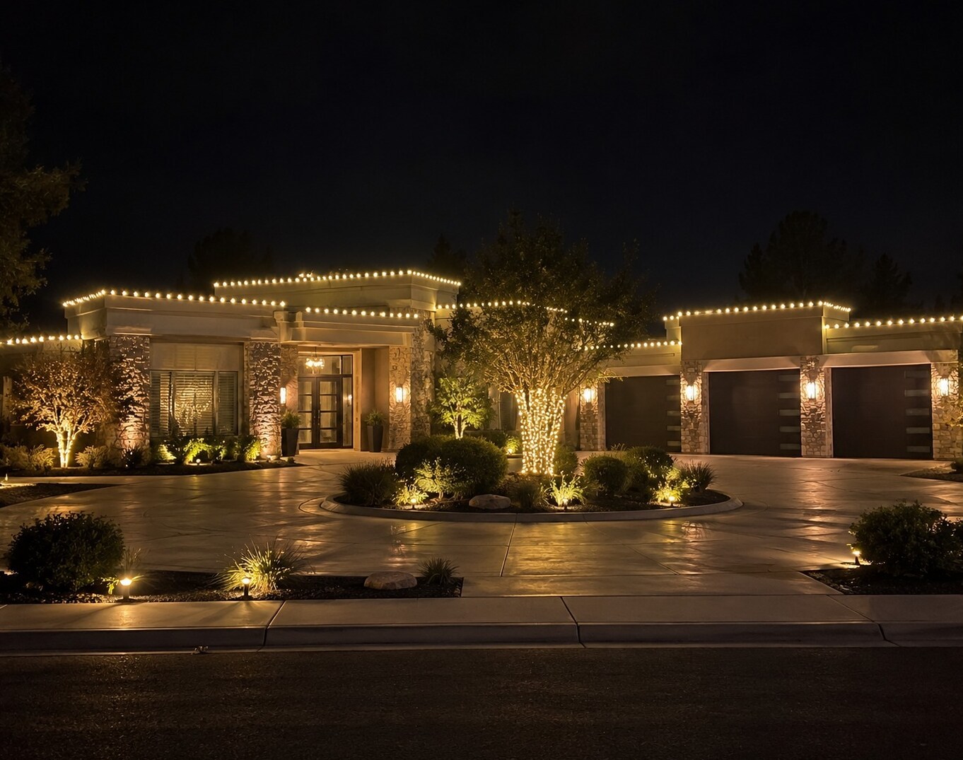 Holiday light installation in El Dorado Hills, CA: modern estate stepped parapets warm white roofline