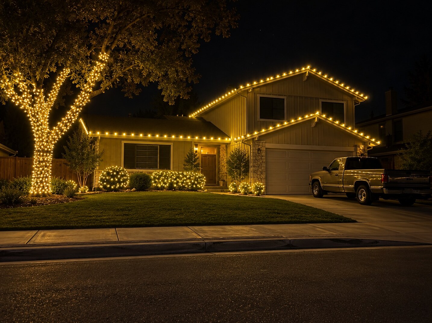 Holiday light installation in El Dorado Hills, CA: split level oak wrap c9 warm white