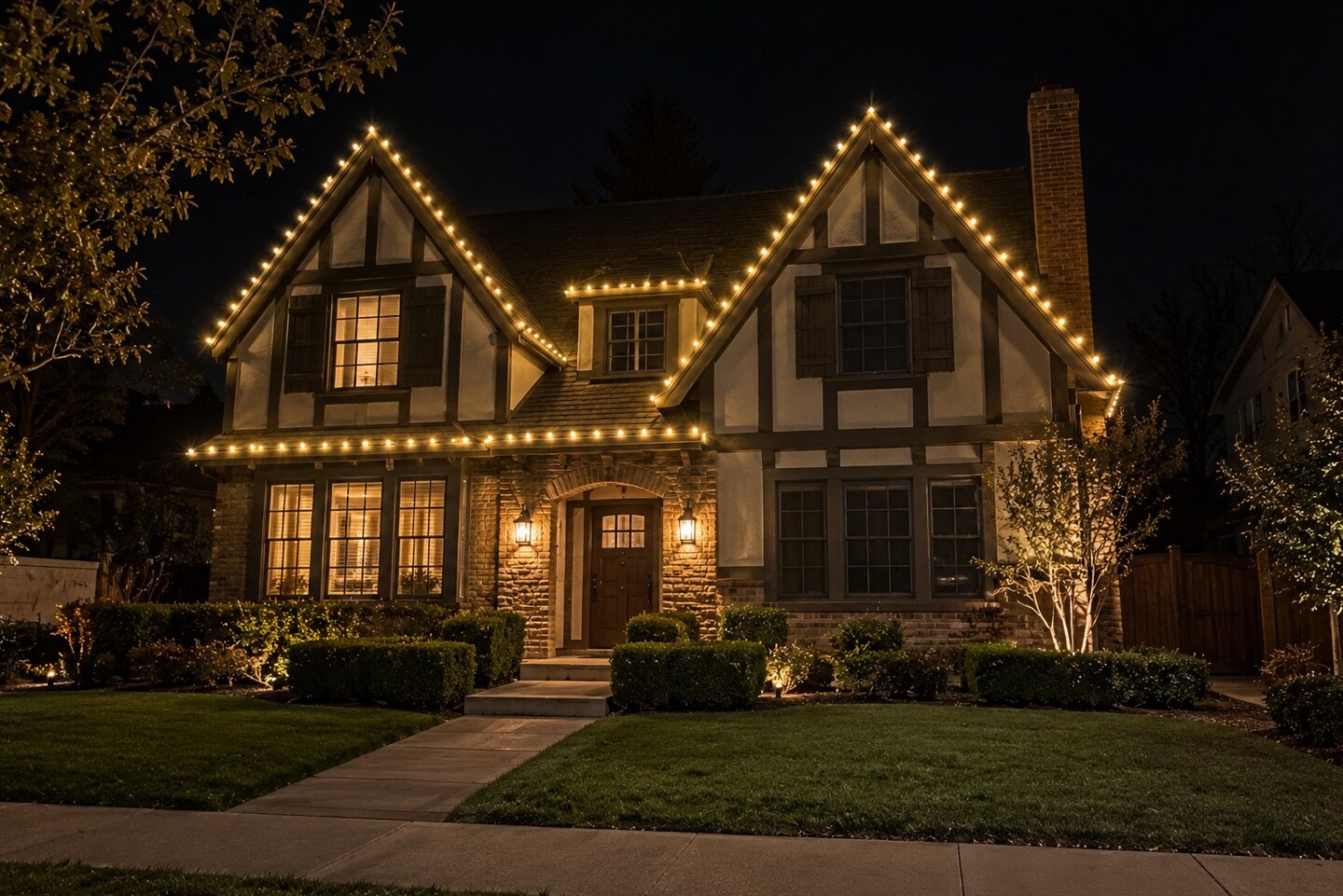 Holiday light installation in El Dorado Hills, CA: tudor steep gables warm white