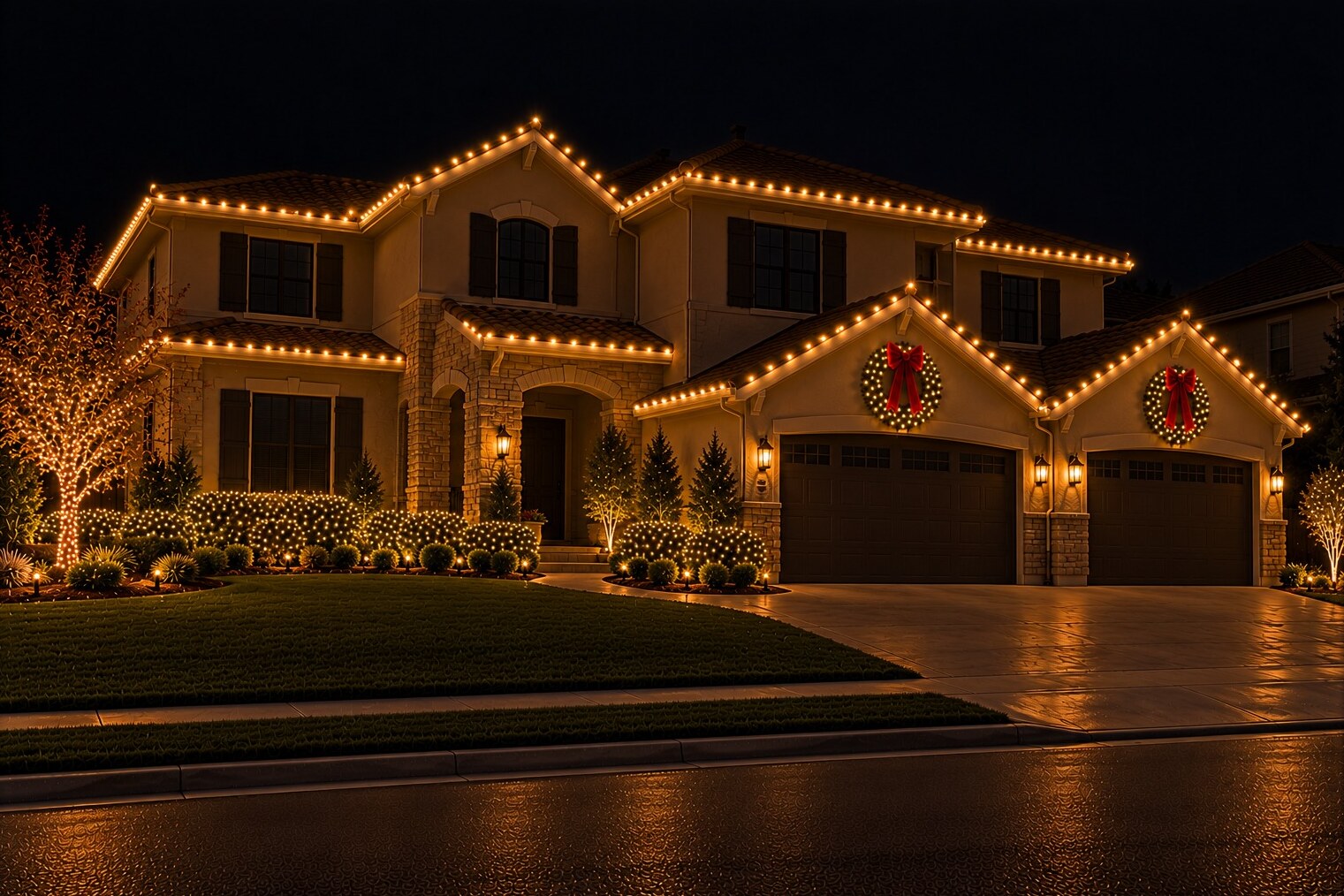 Holiday light installation in El Dorado Hills, CA: two story garage door wreaths c9 warm white