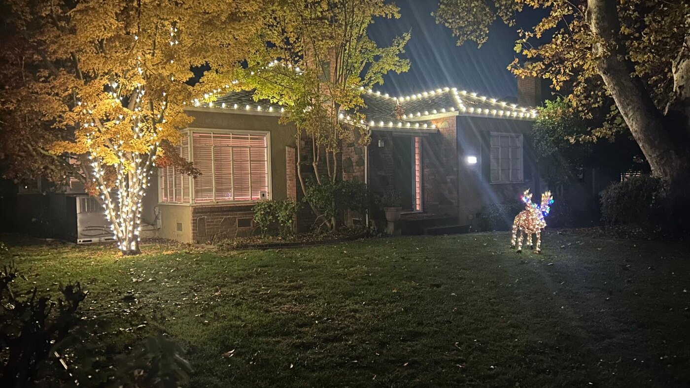 Holiday lighting in El Dorado Hills, CA: farmhouse multicolor dusk