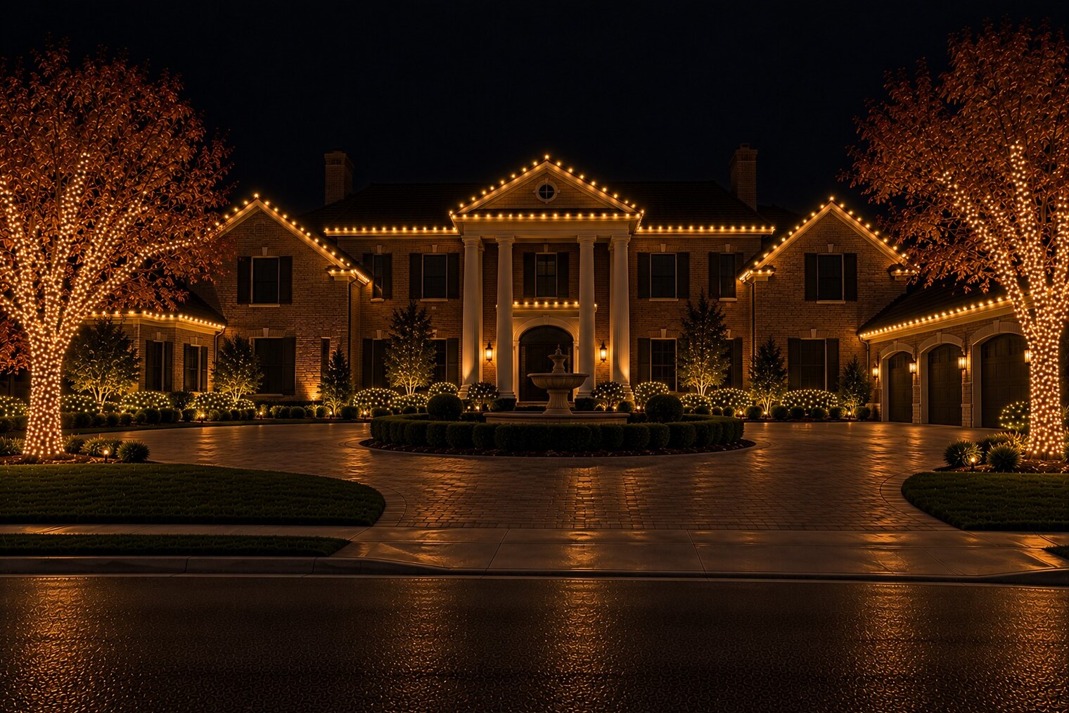 Holiday lighting in El Dorado Hills, CA: grand brick portico fountain estate c9 warm white