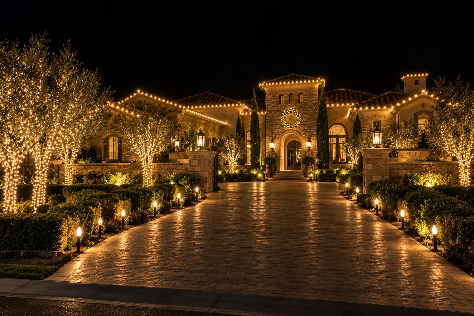 Holiday lighting in El Dorado Hills, CA: grand tuscan estate stone entry tower wreath olive trees warm white