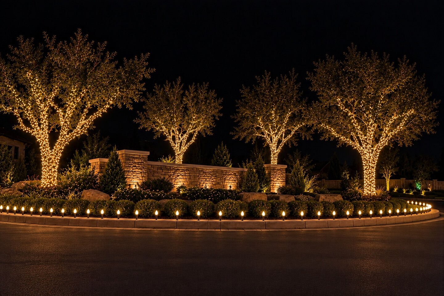 Holiday lighting in El Dorado Hills, CA: hoa entrance warm white trees