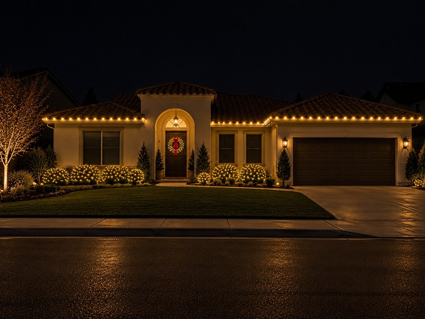 Holiday lighting in El Dorado Hills, CA: mediterranean tile eave door wreath c9 warm white