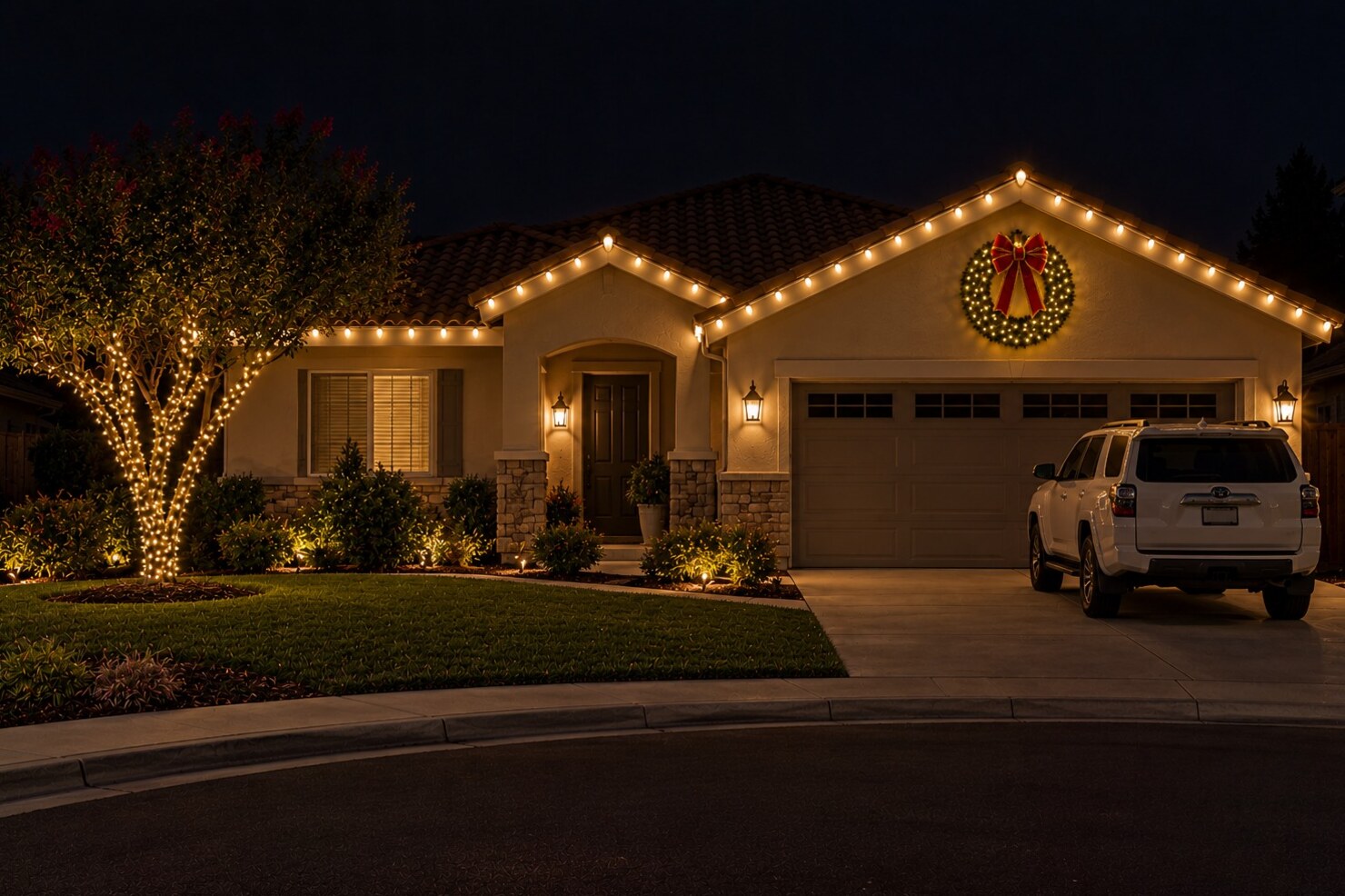 Lit wreath installation in El Dorado Hills, CA: single story two gable home gable wreath wrapped crape myrtle warm white