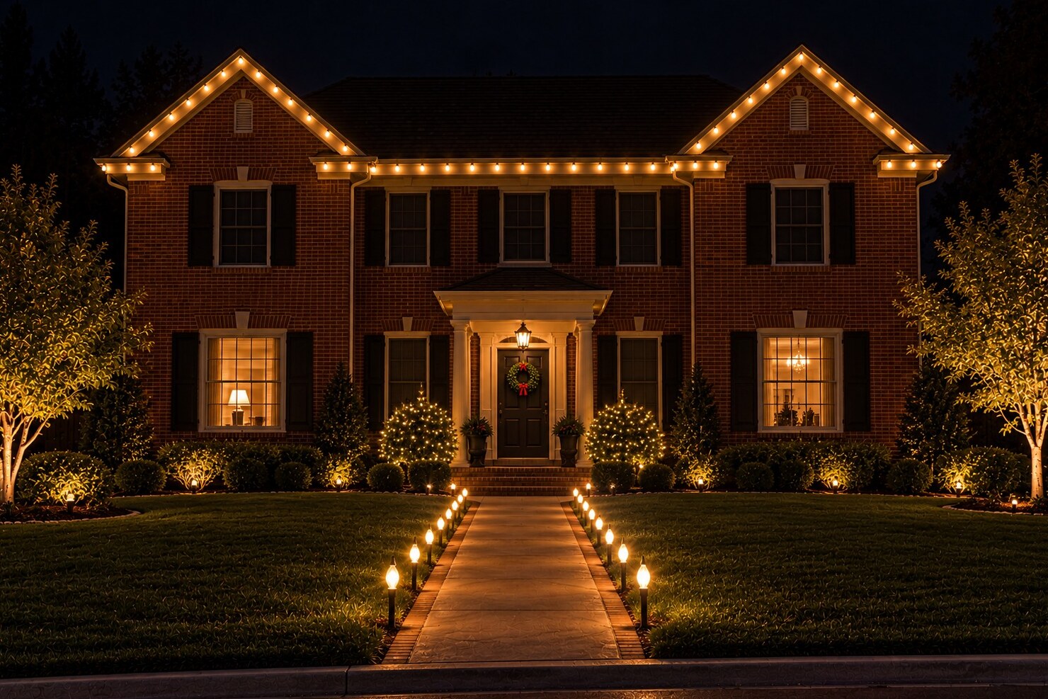 Professional christmas lights in El Dorado Hills, CA: brick colonial warm white stakes