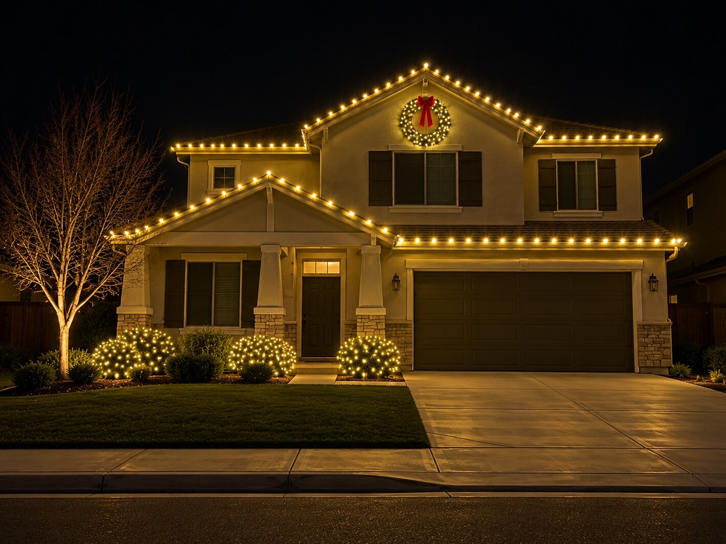 Professional christmas lights in El Dorado Hills, CA: double gable wreath c9 warm white