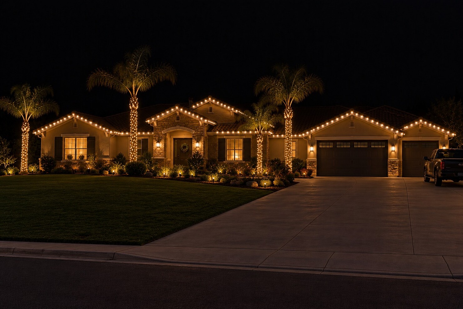 Professional christmas lights in El Dorado Hills, CA: foothill estate palms warm white