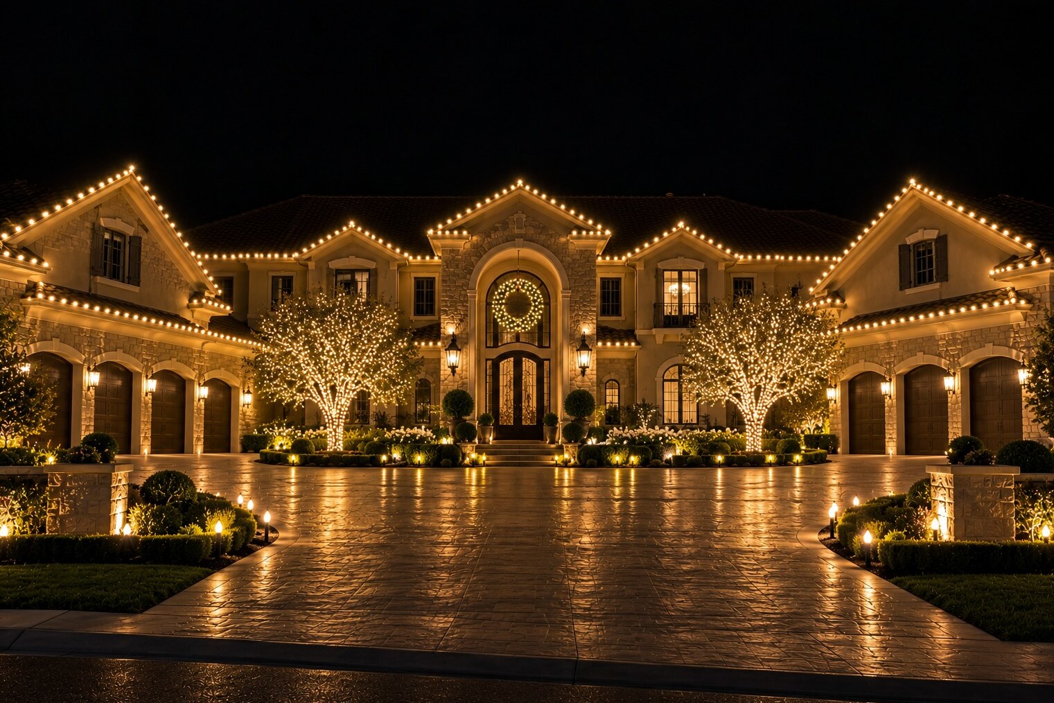 Professional christmas lights in El Dorado Hills, CA: grand twin gable estate arched entry wreath six car garage warm white