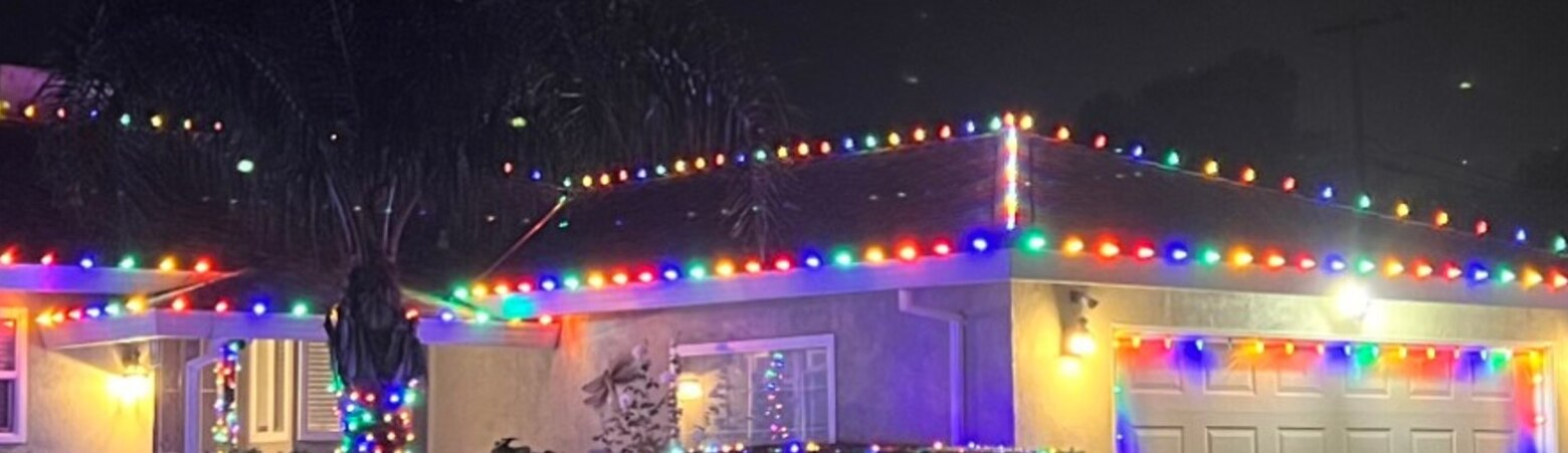 Professional christmas lights in El Dorado Hills, CA: multicolor c9 garage eave run