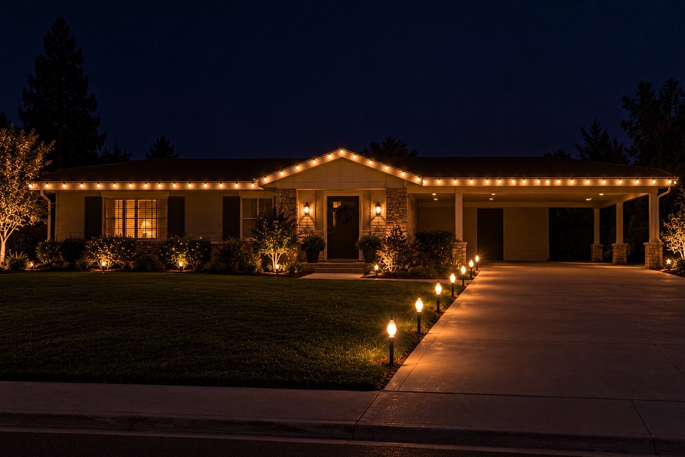 Professional christmas lights in El Dorado Hills, CA: ranch carport warm white stakes