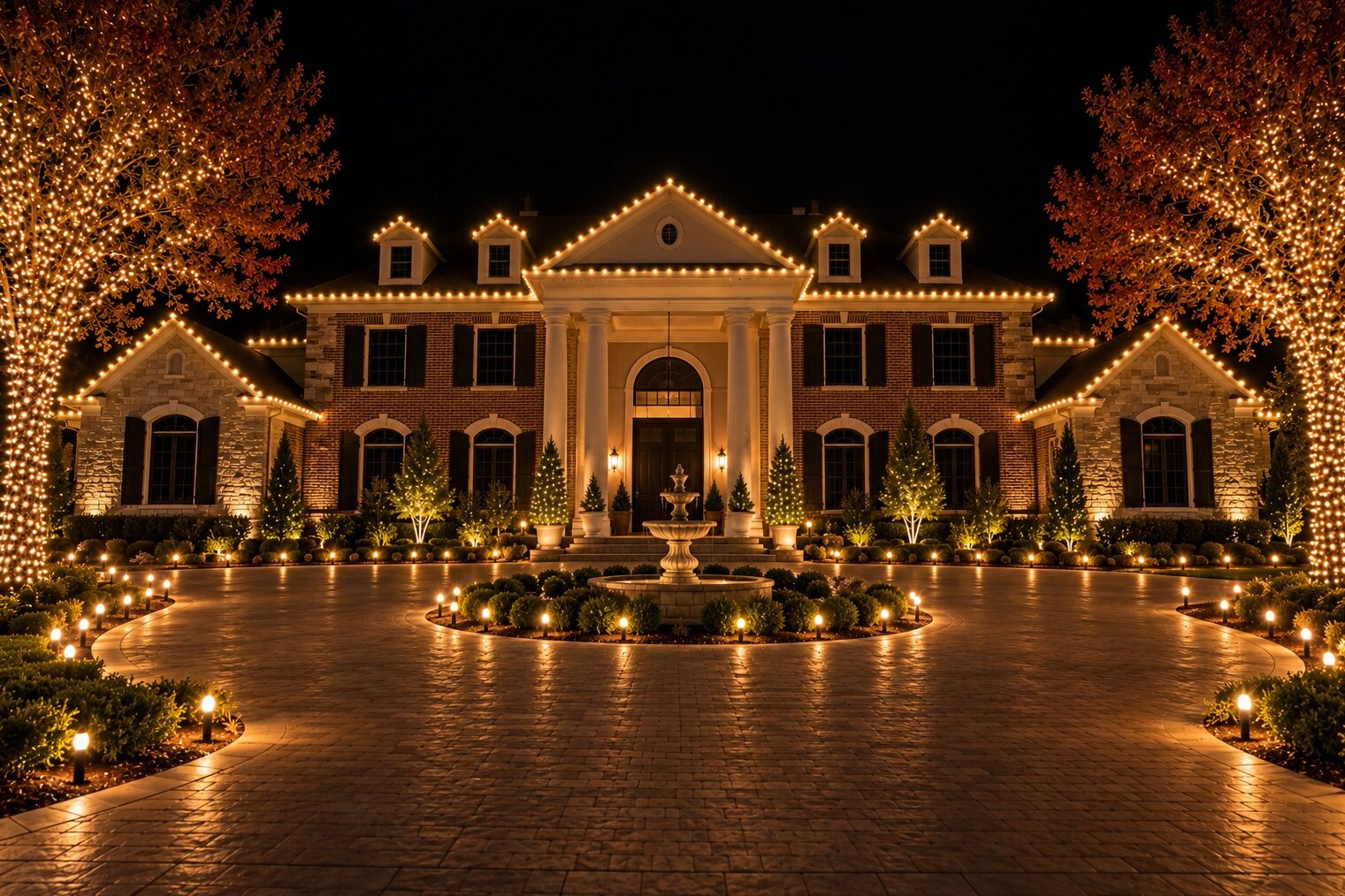 Residential christmas lights in El Dorado Hills, CA: grand brick estate columned portico fountain wrapped maples warm white