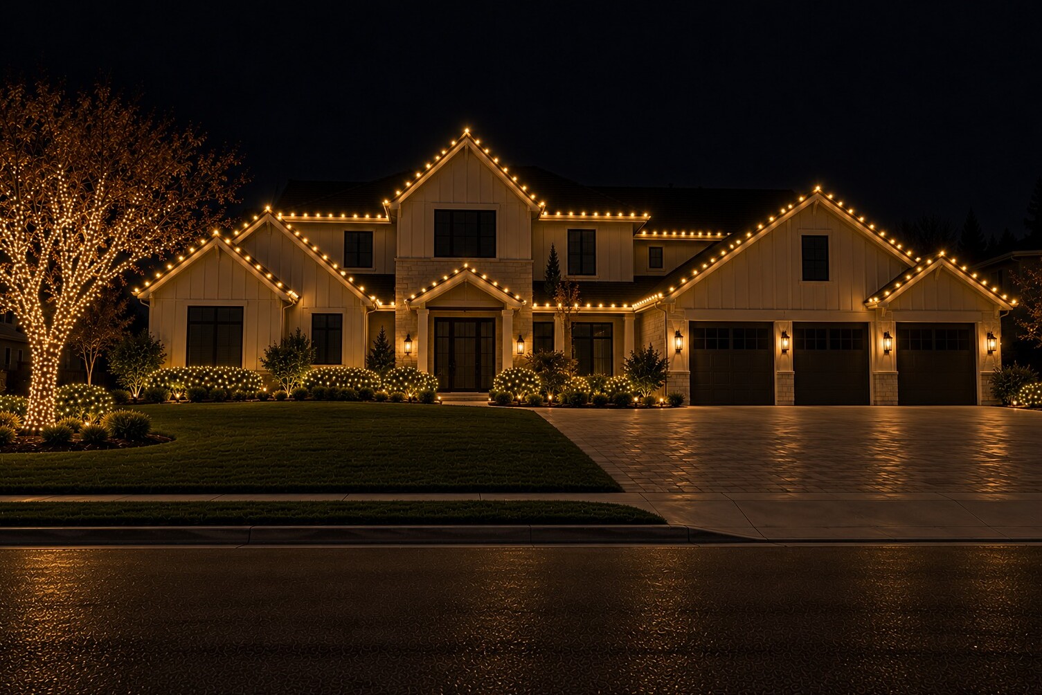 Residential christmas lights in El Dorado Hills, CA: grand modern farmhouse estate c9 warm white