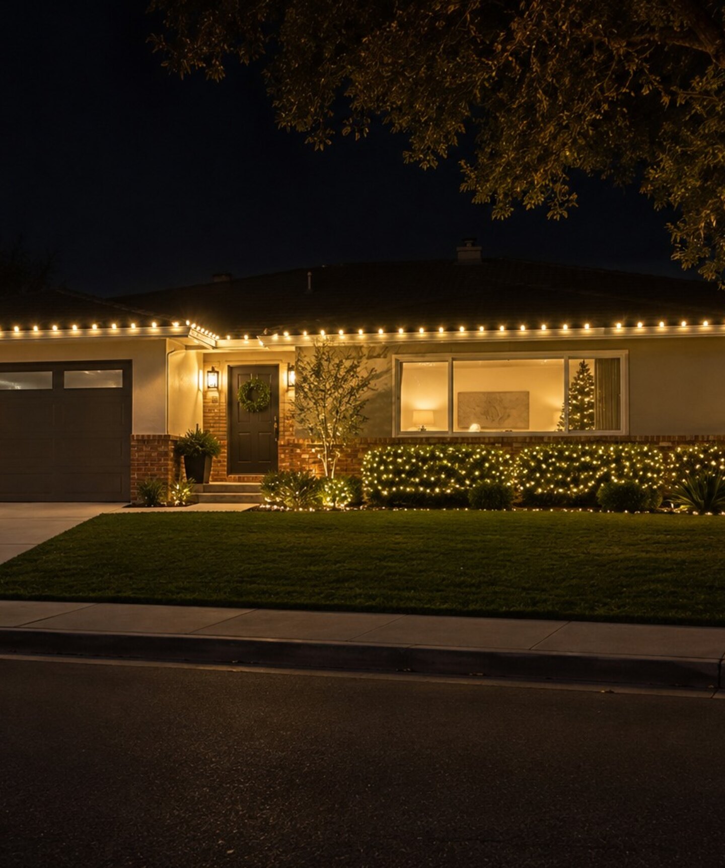 Residential christmas lights in El Dorado Hills, CA: midcentury brick warm white hedge