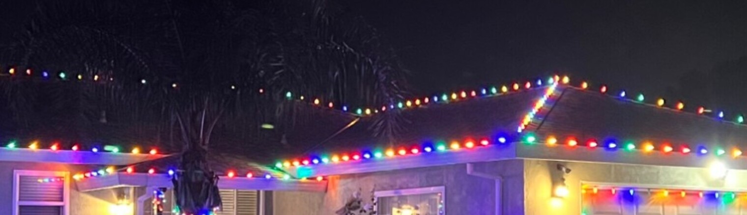 Residential christmas lights in El Dorado Hills, CA: multicolor c9 ranch eave run