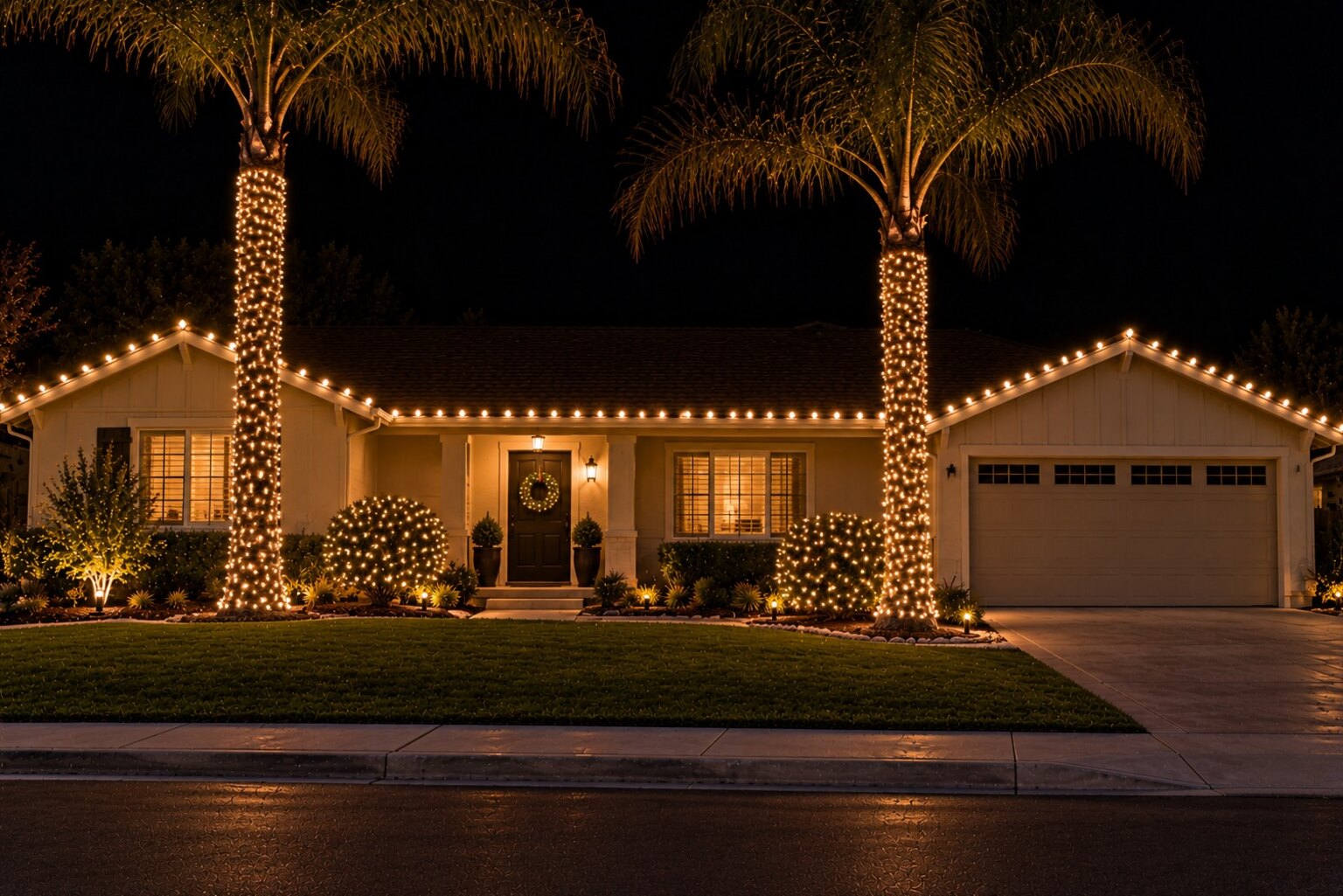 Residential christmas lights in El Dorado Hills, CA: rancher palms warm white